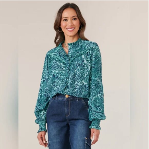 Democracy Paisley Print Blue Long Sleeve Smocked Blouse, Large - Picture 1 of 11
